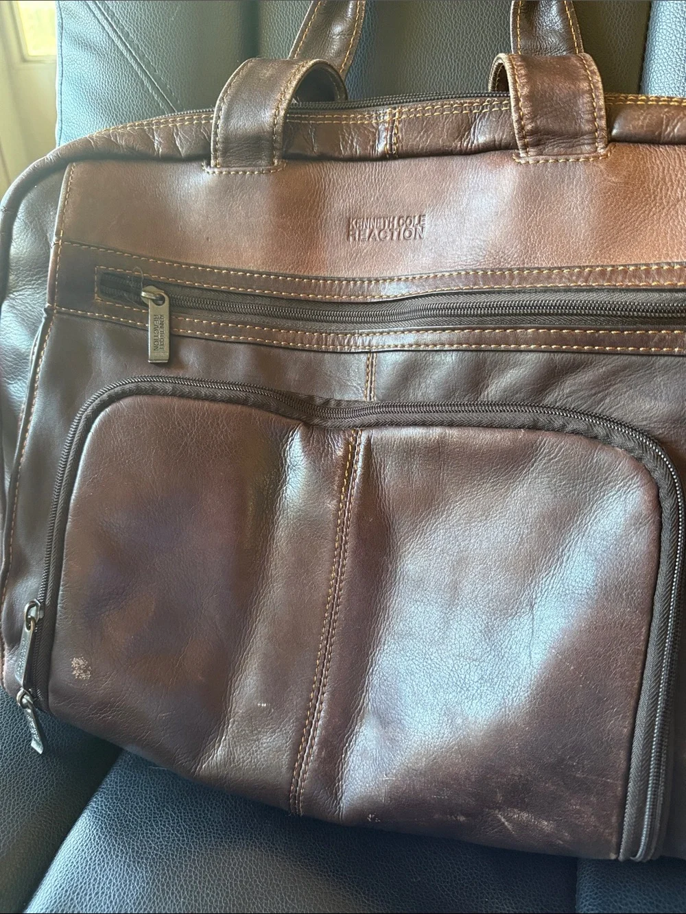 Kenneth Cole Reaction Brown Leather Briefcase with Dual Front Pockets